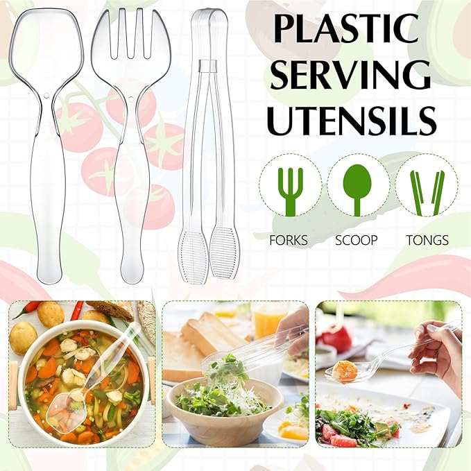 Vesici 24 Sets /72 Pcs 9'' Large Plastic Serving Utensils Set for Buffet, Clear Disposable Serving Utensils Heavy Duty Spoons Forks Tongs Catering Supplies for Christmas Wedding Birthday Party