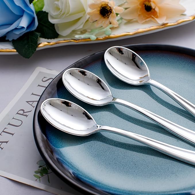 WDF 100 Pack Silver Plastic Spoons Disposable - 6.9 Inch Silver Spoons Heavy Duty Plastic Spoons, Modern Silver Disposable Spoons Perfect for Party Wedding Valentine's Day