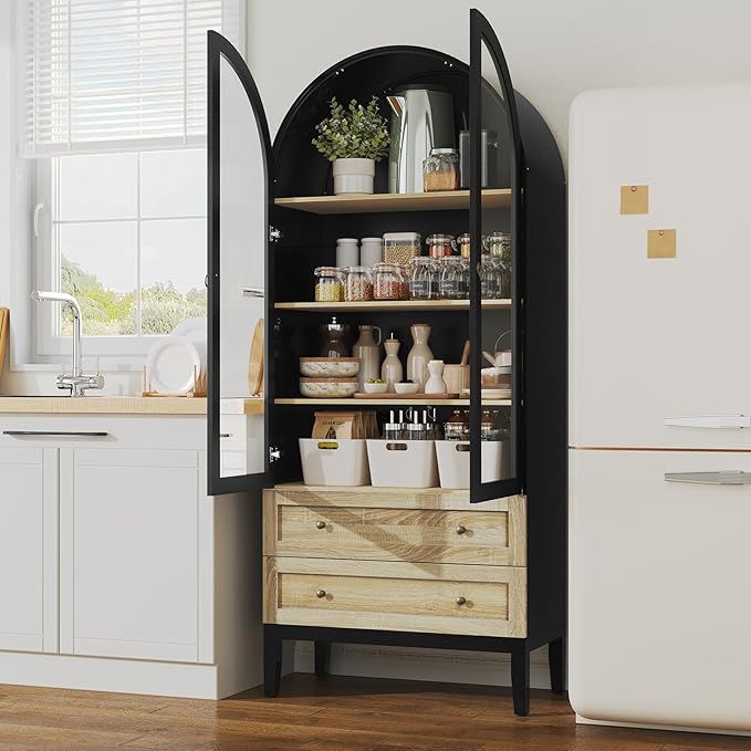 HLR 71" Tall Arched Storage Cabinet, Modern Farmhouse Black Kitchen Pantry Cabinet with Glass Doors and 2 Drawers, Versatile Display Cabinet for Kitchen, Dining Room, Living Room