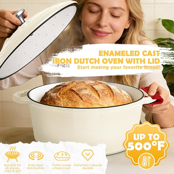 Enameled Cast Iron Dutch Oven Pot with Lid, Incl. Sourdough Bread Baking Supplies Like Banneton Bread Proofing Basket, Starter Jar, Scoring Tool Lame, 5QT Dutch Oven for Bread Baking, Oven Safe up to 500째F