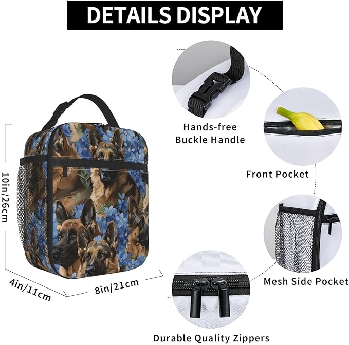 VANZEV Insulated Lunch Box for Women Men, German Shepherd Dog Floral Lunch Box Reusable Portable Lunch Bag Cooler Tote Waterproof Lunch Container for Office Picnic Work Travel Hiking