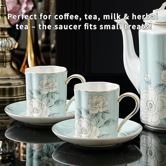 Floral Tea Cup and Saucer Set, Bone China Cup and Saucer with Spoon, Elegant Porcelain Coffee Cup with Gold Trim, Food Grade Coffee Mug for Women, Tea Party, Gifts Giving, 6.8 oz