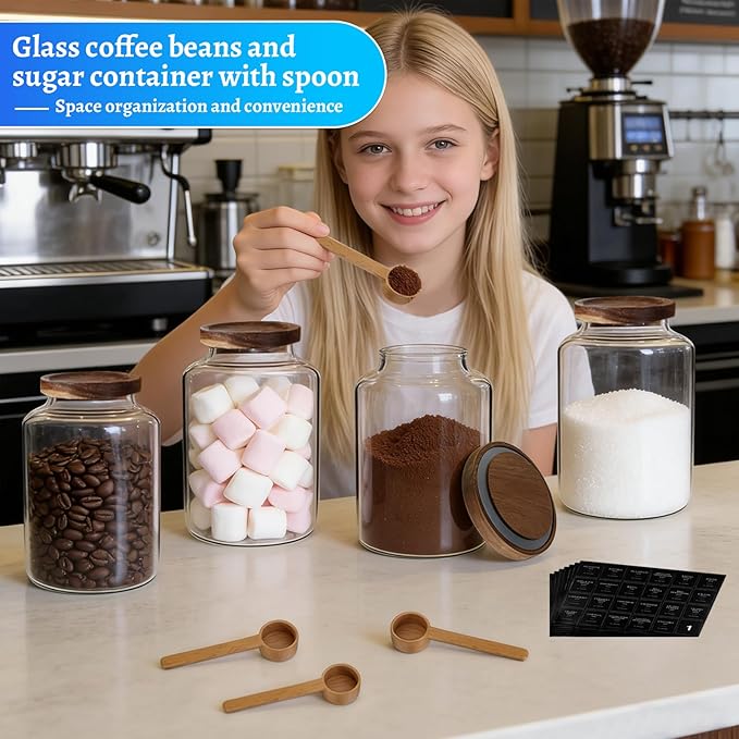 Glass Food Storage Jar with Lids Spoon Glass Coffee Canister Borosilicate Glass Food Containers for Ground Coffee Beans Nut Pasta Sugar Candy Spice Rice Tea (2000ml/67oz-2 Pack)