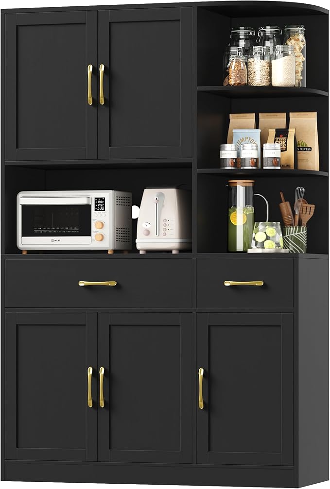 67" Kitchen Pantry Cabinet, Modern Kitchen Hutch with 5 Doors and 2 Drawers, 3-Tier External Shelf, Large Pantry Storage Cabinet with Microwave Stand for Dining Room, Black