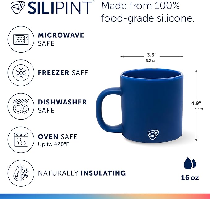 Silipint 16oz Silicone Coffee Mug ??Unbreakable Dishwasher Safe Microwave Oven & Freezer Compatible Travel Mug ??Non-Toxic Reusable Cup for Hot Coffee Tea or Cold Drinks (Classic Blue)