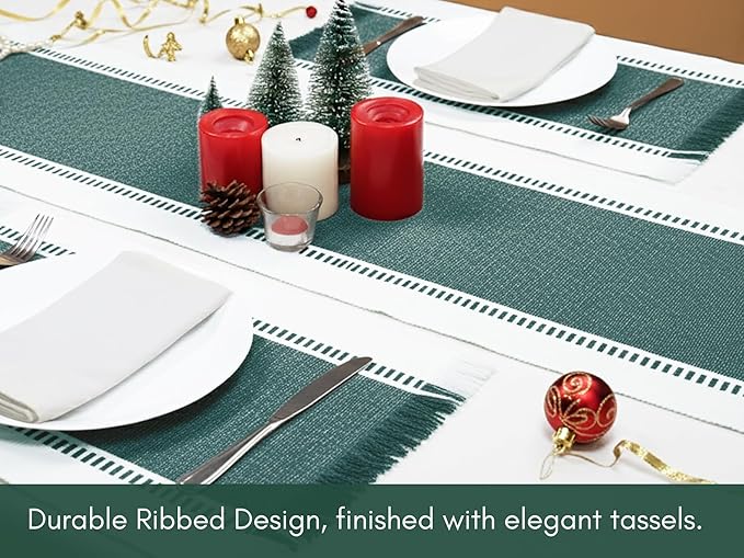 PurpleEssences Table Runner - Wide with Dobby Stripe, Heavy Ribbed Weave & Double Knot Fringes, 14x72 Inch (14x77.5 with Fringes) Farmhouse Decor - Christmas Holiday Winter -Forest Green and White