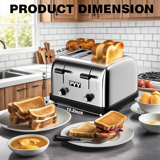PYY Commercial Toaster 4 Slice for Restaurant - Wide Slots 1.57 inch Stainless Steel 6-Level Setting, 225 Slices/Hour 1800W - Bread, Bagels, Breakfast, Toast