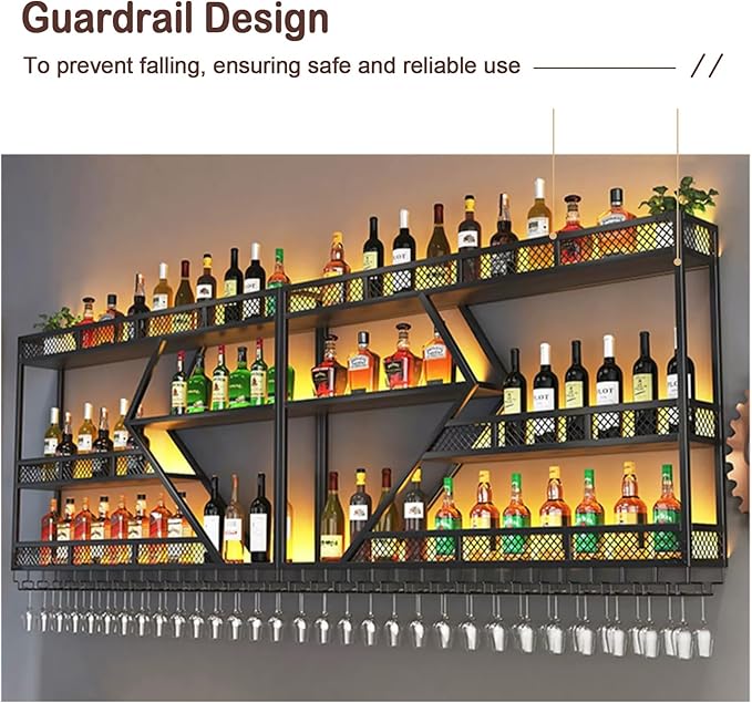 79 Inch Metal Wine Rack Wall Mounted, Modern Bar Shelves Wall Mounted Wine Rack with LED Light, Liquor Shelf Wall Mounted, Bar Shelves for Liquor Bottles (Black with Blue Led, 79-3 Tier)