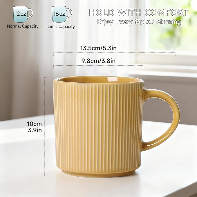 MONITO 16Oz Coffee Mugs Set of 6, Rustic Ceramic Coffee Cups Set with Large Handle, Vintage Striped Stoneware Coffee Mugs for Latte, Cocoa, Tea, Milk, Microwave & Dishwasher Safe, Lemon Yellow