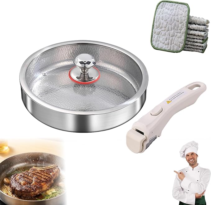 Titanium Pan, Titanium Pans For Cooking Pan with Detachable Handle, No Coating Non-Stick Skillet for Cooking, cool things to have in your kitchen Induction Compatible (7.87in,With lid)