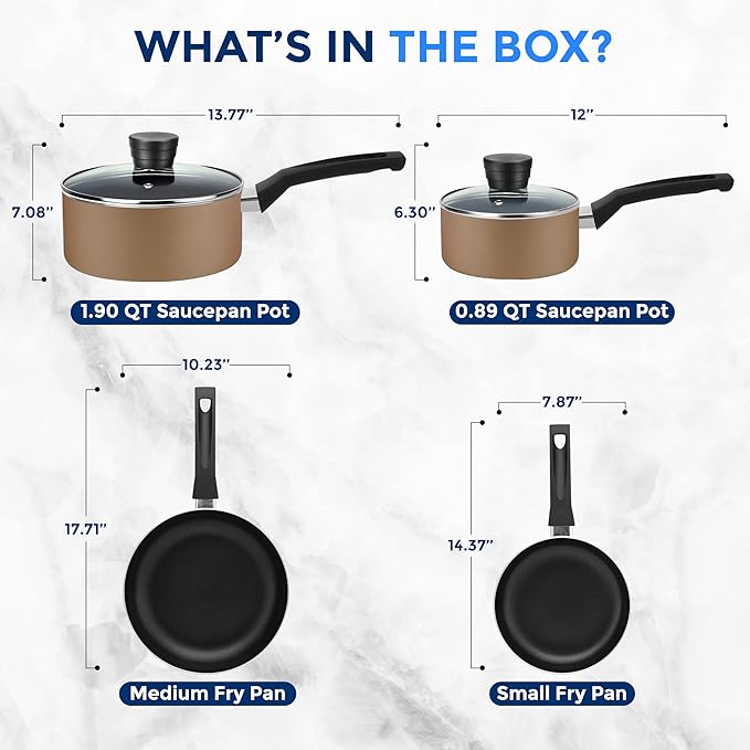 SereneLife 6-Piece Pots and Pans Set ??Nonstick Cookware, Black Coating, Heat-Resistant, Dishwasher safe, Includes Fry Pans, Saucepans with Lids, Color Gold