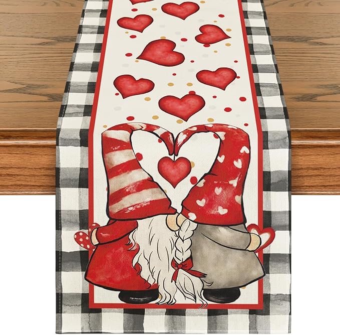 Artoid Mode Watercolor Hearts Gnomes Love Valentine's Table Runner, Seasonal Anniversary Wedding HoliKitchen Dining Table Decoration for Indoor Outdoor Home Decor 13 x 90 Inch