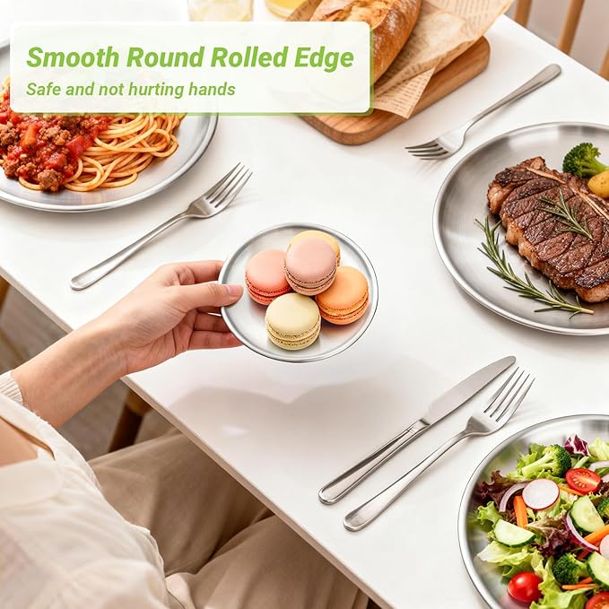 Stainless Steel Plates, 4 Pack 5.5 inch Mini 201 Metal Food Serving Plate Set, Reusable Snack Eating Dishes Round Shatterproof Silver Brushed Finish Dishes for BBQ Dinner Oven Dishwasher Safe