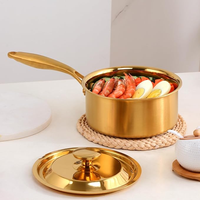 BuyGo 18/8 Stainless Steel Saucepan, 2.5 Quart Gold Pan with Heat Resistant Long Handle, 3-Layer Multipurpose Cookware Pot, Compatible Stovetops: Gas, Electric, Dishwasher Safe