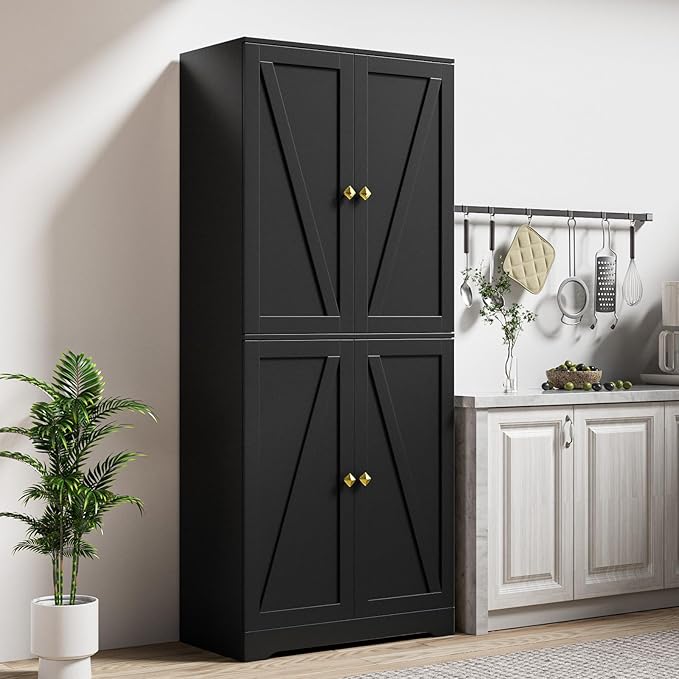 LYNSOM Farmhouse Pantry Storage Cabinet Set of 2, 72" Tall Kitchen Pantry Cabinet with 4 Barn Doors and Adjustable Shelves, Black Storage Cabinets for Kitchen, Dining Room, Black