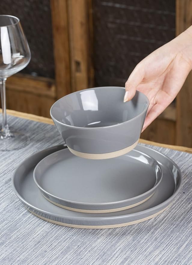 Famiware Saturn Dinnerware Sets for 8, 24 Pieces Stoneware Plates and Bowls Dish Set - Chip and Scratch Resistant, Microwave and Dishwasher Safe Tableware, Dark Gray