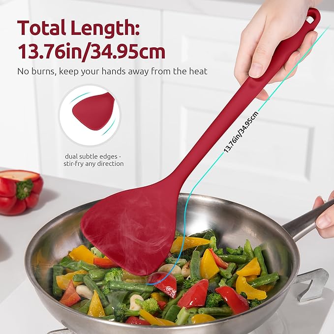 U-Taste 600쨘F Heat Resistant Wok Spatula: 13.76" Long, 3.63" Wide Silicone Cooking Utensils with Flexible Edge & Sturdy Core, for Kitchen Stir Fry, Serving, Scoop, in Non-Stick Pan, Carbon Steel (Red)