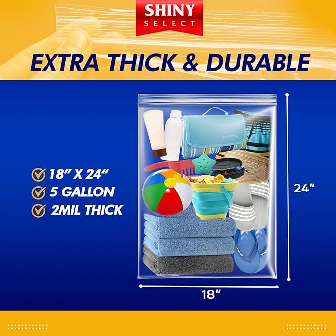 5 Gallon X-Large Storage Bags, 18?쓝24?? 100 Count ??Big Clear Plastic Bag, Resealable Zip & Lock Top for Freezer, Food, Towels, Toiletries, Camping Gears, Seasonal Clothing, Pantry Items