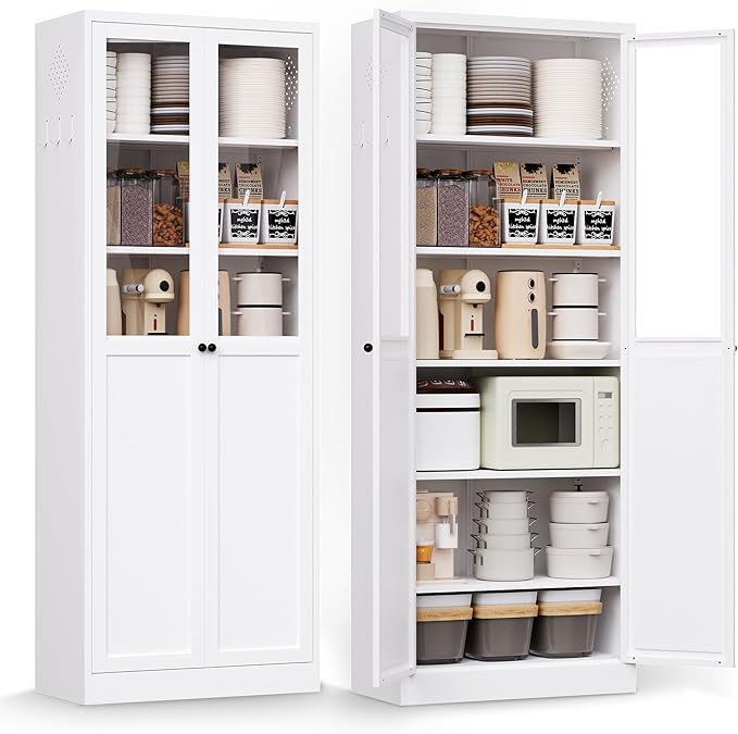 Pantry Cabinet with Glass Doors, 72??Kitchen Storage Cabinets with 5 Adjustable Shelves, Kitchen Pantry Cabinet with Ventilation Holes and Hooks for Home, Living Room, Pantry (White)