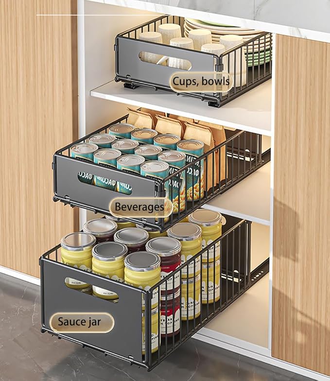 Pull Out Cabinet Organizer Slide Out Drawer Storage Shelves Cupboard Organiser Sliding Cabinet Basket for Kitchen No Drilling and Nailing (Black, 1Piece 9.8" W X15 D X 7.5" H)