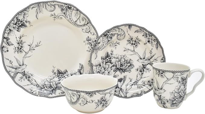 222 Fifth Adelaide 16-Piece Casual Grey Porcelain Dinnerware Set ??Service for 4, Classic Toile Bird & Floral Design, Microwave & Dishwasher Safe, for Everyday Dining & Entertainment