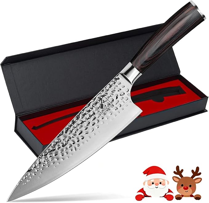 imarku Damascus Chef Knife, 8 Inch Kitchen Knife Ultra Sharp Cooking Knife HC German Stainless Steel Japanese Knife for Kitchen, Hand-Hammered Design, Ergonomic Handle, Christmas Gifts for Men Women
