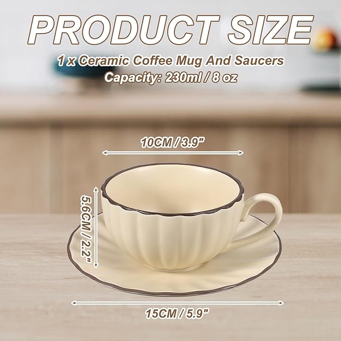 uxcell Handmade Vintage Espresso Cups, 8 oz Coffee Cups and Saucers Ceramic Tea Cup with Handle Dishwasher and Microwave Safe for Latte Cappuccino Milk Office Home Gifts, Beige