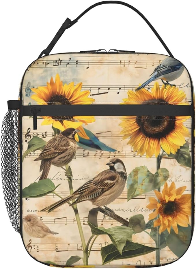 VANZEV Vintage Bird Print Insulated Lunch Box Gifts for Kids Adults Sunflower and Musical Note Design Reusable Portable Lunchbox Cooler Lunchbag for Work Picnic School Travel or Hiking