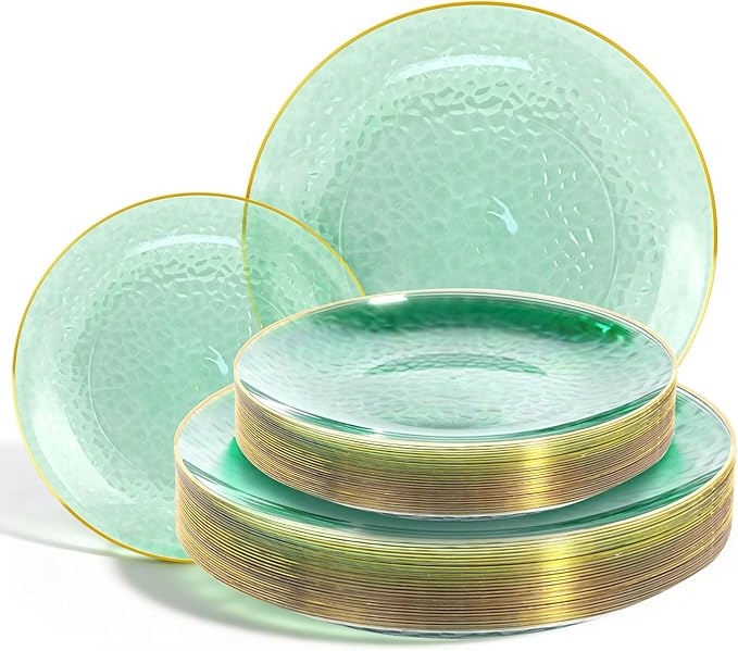 Lullaby 60pcs Green Plastic Plates with Gold Rim, Includes 30pcs Dinner Plate 10'' and 30pcs Clear Dessert Plate 7.5'', Green Disposable Plastic Plates for Parties, Birthdays and Wedding