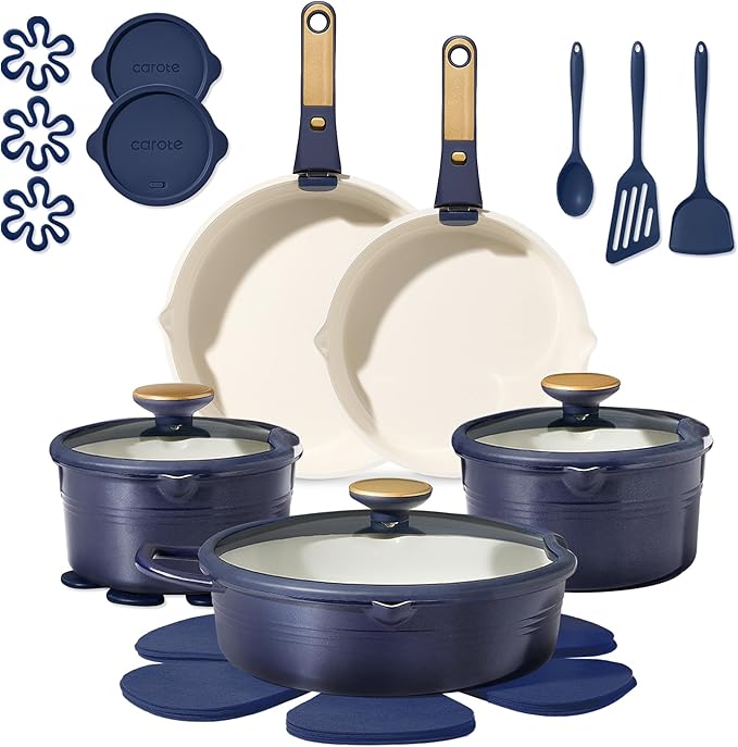 CAROTE 22Pcs Titanium Cookware Set, Pots and Pans Set Non Stick, Kitchen Cooking Set with Detachable Handle, Non Toxic Induction Cookware, Dishwasher/Oven Safe竊똁lue