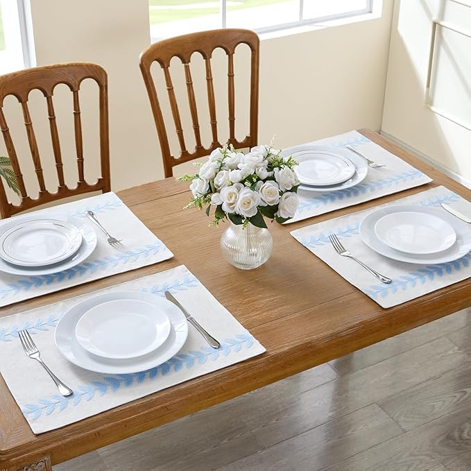Wracra Embroidered Placemats, 13 x 18 Inch Set of 6 Placemats, Irregular Willow Rustic Place Mats for Kitchen Table and Heat Resistant, Blue 6PCS