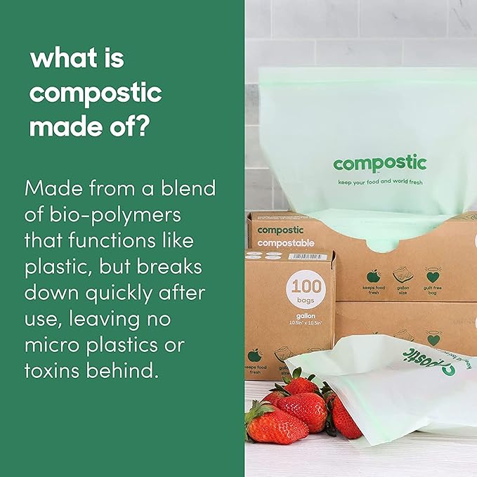 Compostic Home Compostable Resealable Sandwich Bags, Microwave & Freezer Safe, Organic Food Storage Container, 90 Count + 10 Bonus Bags
