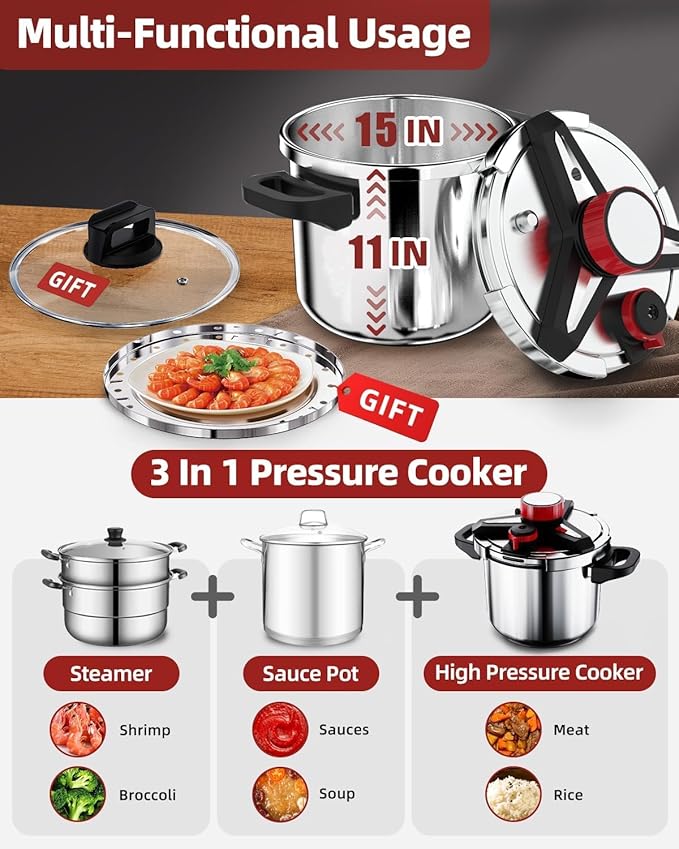 18/8 Stainless Steel Pressure Cooker 32 QT: [Explosion-Proof] [One-Hand Locking] Stainless Steel Pressure Canner, Induction Compatible, Steamer Rack Included, Olla de Presion