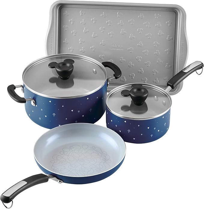 Farberware Disney Bon Voyage Ceramic Nonstick Pots and Pans Set with Baking Sheet/Cookie Pan and Disney Home Kitchen Tools, 8 Piece Non Stick Cookware Set - Blue