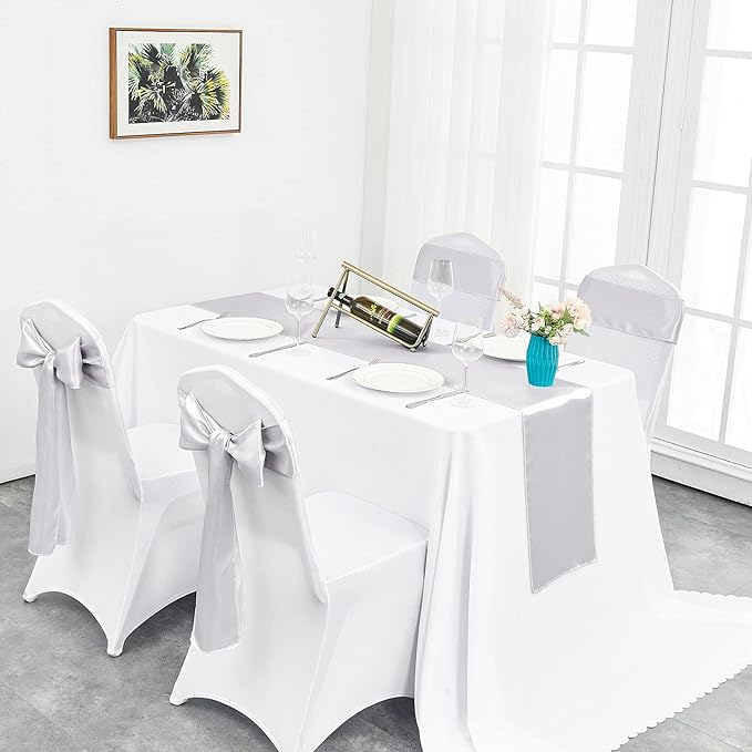 4-Pack Silver Satin Table Runner 12 x 108 Inch Long Bright and Smooth Silk Fabric Table Runner for Wedding Banquet Birthday Party Decoration