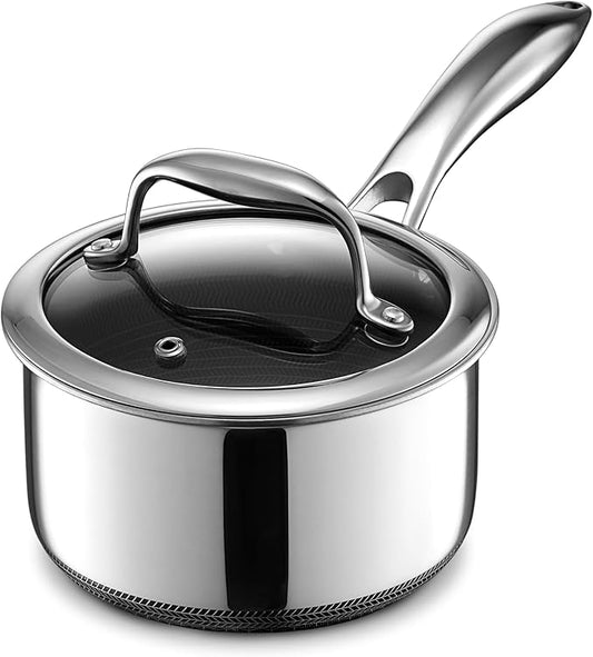 HexClad Hybrid Nonstick 1-Quart Saucepan with Tempered Glass Lid, Stay-Cool Handle, Dishwasher-Friendly, Oven-Safe Up to 900째F, Induction Ready, Compatible with All Cooktops