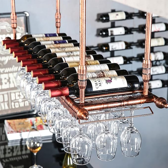 Rustic Wine Rack Wall Mounted with Glass Holder, Adjustable Hanging Bar Wine Glass Rack Ceiling, 47.2in Bottle Holder Wine Shelf Shelves, Perfect for Bar Kitche