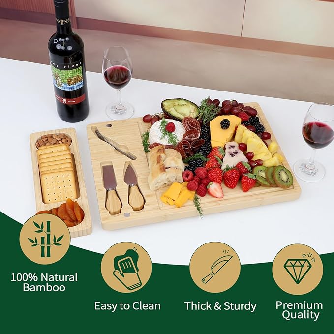Premium Bamboo Charcuterie/Cheese Board Set ??Wooden Serving Tray with Hidden Knife Storage ??Cheese Knives & Forks - Perfect Bridal Shower, Housewarming, Anniversary, Mother's Day Gifts