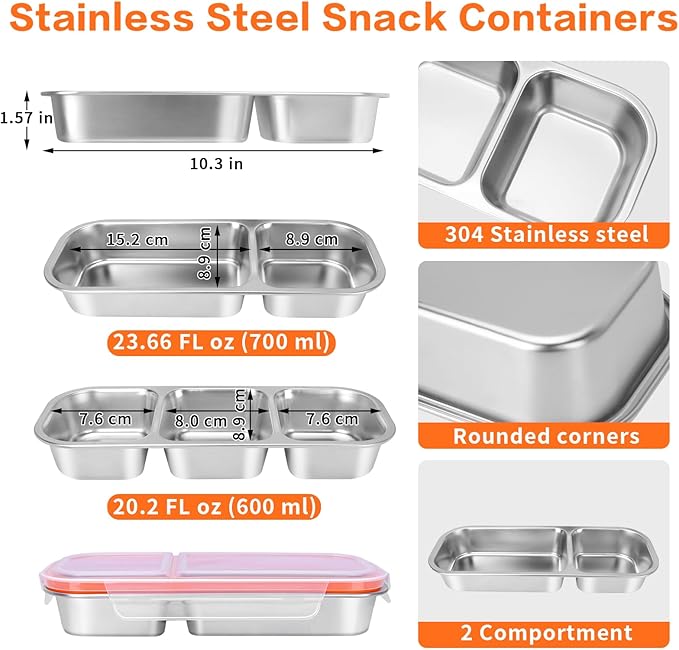 4 Pack Stainless Steel Lunch Containers for Adults, 304-Grade, 2-Compartments Snack Container & Lunch Box with Lids, Reusable Snap-on Lid Snack Containers Set, Meal Prep Lunch Box (24 oz / 700ml)