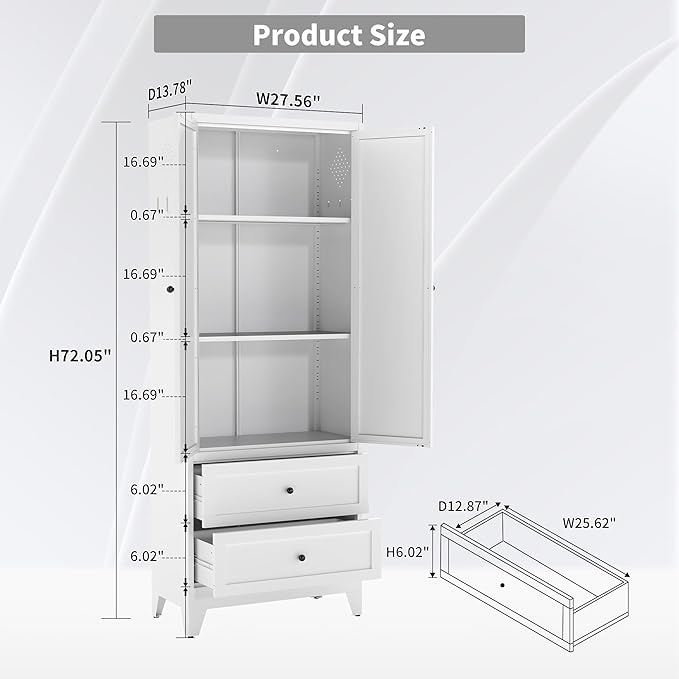 Metal Pantry Cabinet, 72 inch Tall Kitchen Pantry Cabinet, Pantry Storage Cabinet with 2 Adjustable Shelves, 2 Drawers, Utility Cupboard for Kitchen Dining Room Living Room Bathroom, White