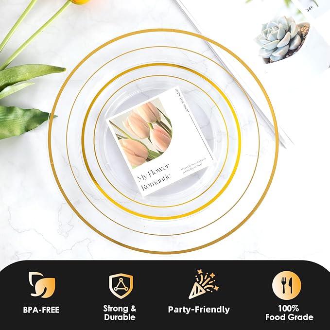 Lullaby 102PCS Clear Plastic Plate with Gold Rim, Includes 51pcs Dinner Plates 10??and 51pcs Dessert Plates 7?? Disposable Elegant Plate for Thanksgiving, Party and Wedding
