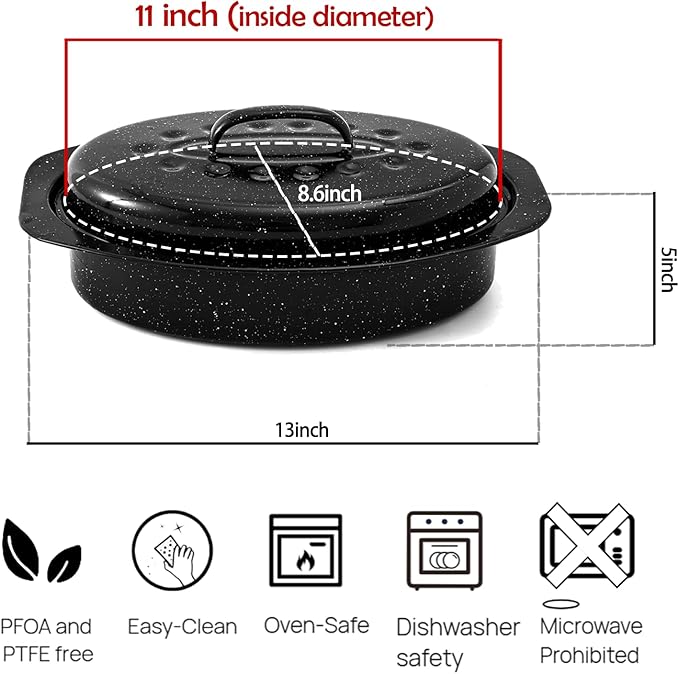 13??Enamel Roaster With Lid Oval Roasting Pan For Oven with 11"Inner Diameter Broiler Pan Suitable For Dining With Two People High Temperature Resistance Dishwasher Safety Gift Idea for Christmas