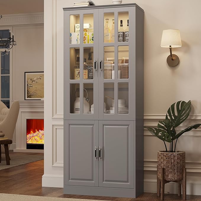 MEISSALIVVE Kitchen Pantry Storage Cabinet with LED Lights, 78.7" Tall with Glass Doors & Drawers, Freestanding Utility Cabinet, Grey (31.5" W x 15.7" D)