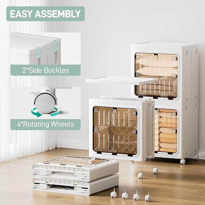JEKO&JEKO Expanded Narrow Bathroom Storage Cabinet, 2-Tier Tall Cabinet Organizer with Wheels, Foldable Plastic Storage for Kitchen, Laundry Room or Home, White