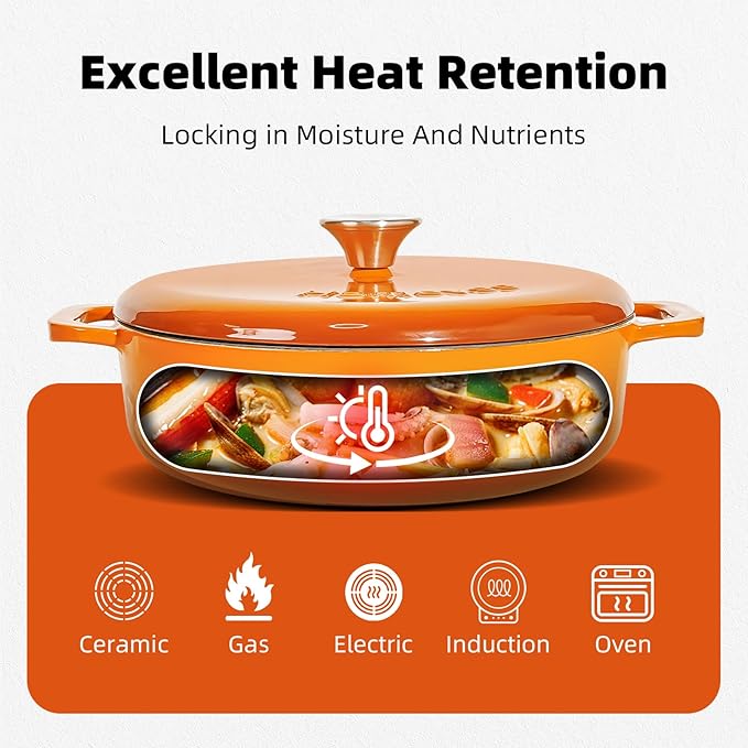 5.5 Quart Enameled Cast Iron Dutch Oven with Lid ??Dual Handles ??Oven Safe up to 500째 F or on Stovetop - Use to Marinate, Cook, Bake, Refrigerate and Serve ??Orange