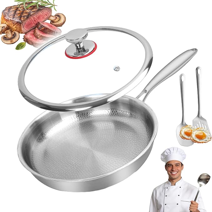 Titanium Pan, 100% Pure Titanium Non-Stick Frying Pan with Lid, Durable Cookware Compatible with All Stovetops Including Induction, Oven Safe, No Coating & Scratch-Resistant (With lid, 11.81in)