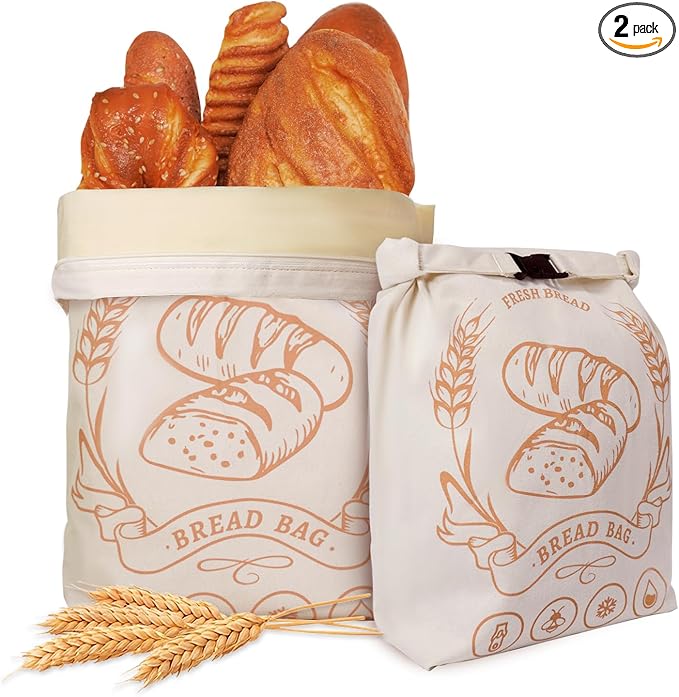 2 Pack Beeswax Bread Bags with Zipper, XL(13x17in) Sourdough Bread Storage for Homemade, Freezer Storage Bag to Keep Fresh, Cotton Beeswax Container, Baguette Bag with Liner, Kitchen Baking Supplies