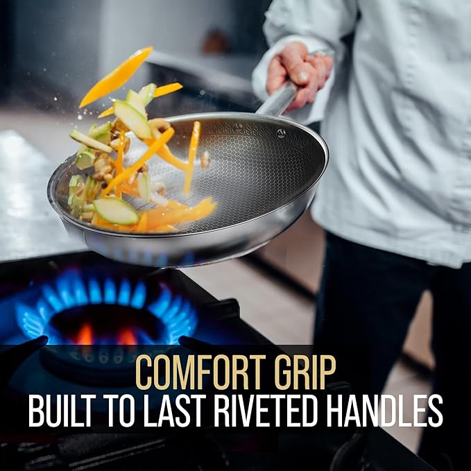 Nonstick Frying Pan 2-Piece Set (10?? 12?? with Lids & Spatula + 11??Stainless Steel Honeycomb Wok, Tri-Ply Hybrid Cookware Bundle, PFOA-Free, Induction, Dishwasher & Oven Safe