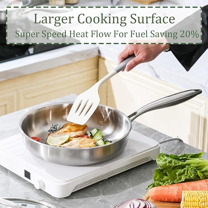 DELARLO Stainless Steel Pan 10.3Inch, Triply Stainless Steel Frying Pan with Lid, Heavy Duty, Compatible with Induction, Gas and Electric up to 650?? Fast & Even Heating, Dishwasher, Oven Safe Skillet