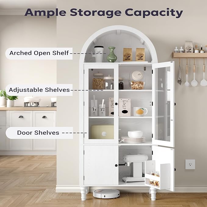 71" Tall Arched Pantry Cabinet, Modern Kitchen Storage Cabinet with Doors, 3 Adjustable Shelves, Door Shelves, Organizer, Versatile Cupboard for Kitchen, Bathroom, White